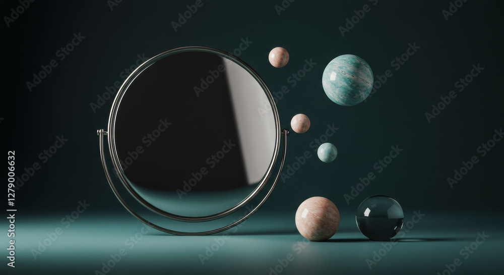 Poster a mirror with a reflection of a group of colorful spheres. the spheres are of different sizes and co