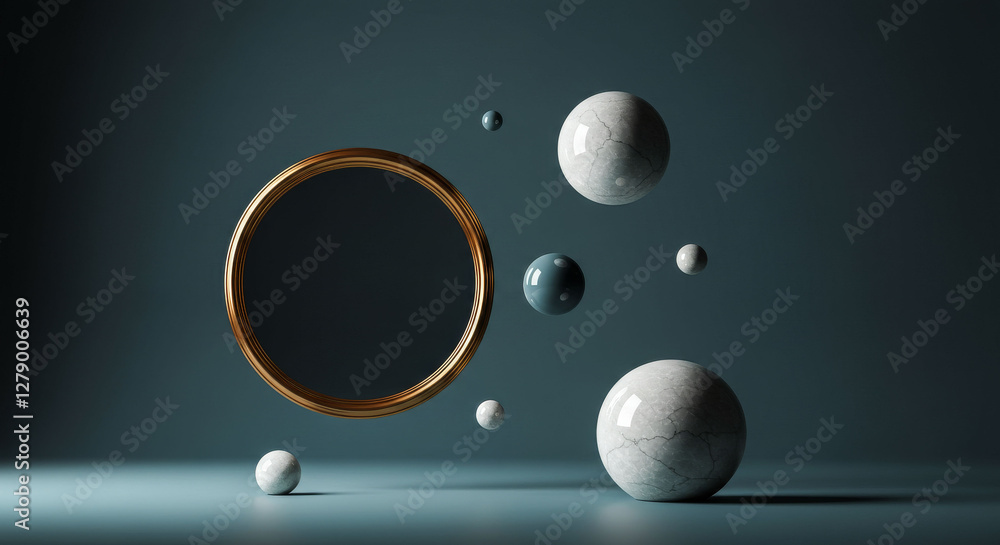 Poster a mirror with a reflection of a group of colorful spheres. the spheres are of different sizes and co