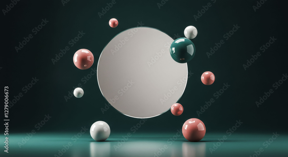 Poster a reflection of a room is shown with a large oval mirror in the center. the room is filled with vari