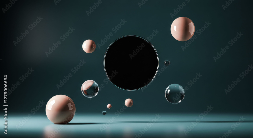 Poster a mirror with a reflection of a group of colorful spheres. the spheres are of different sizes and co