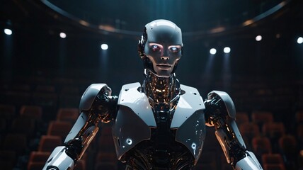 Naklejka premium A humanoid robot actor performing in a futuristic theater, expressive LED facial displays mimicking human emotions, glowing stage lights casting dramatic shadows, ultra-realistic metallic textures, 