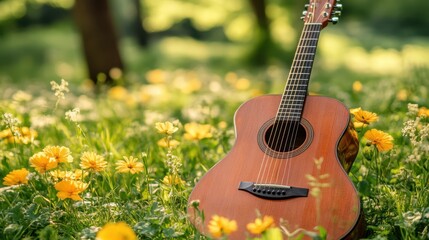 A guitar rests elegantly amid a vibrant field of blooming flowers, showcasing a harmonious blend of nature and music in a serene outdoor setting.
