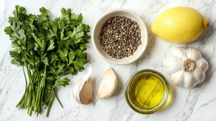Cooking food background, preparation dinner, lunch flat lay white table with fresh ingredients, spices, condiments - lemon, parsley, garlic, olive oil, salt and pepper, copy space
