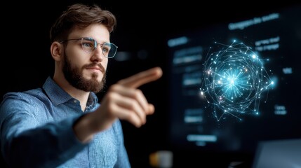 Futuristic holographic display showcasing the potential of AI-powered digital assistants to revolutionize the way we learn, explore, and interact with information in a dynamic, immersive.