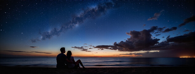 Couple enjoying a starry night by the beach, romantic ambiance