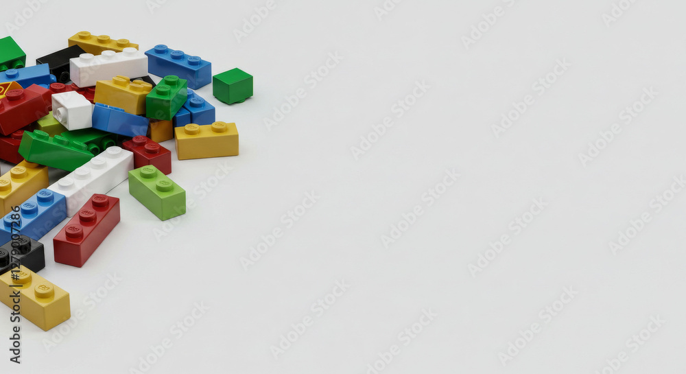 Poster a pile of colorful plastic bricks on a white background. the plastic bricks are of different colors 