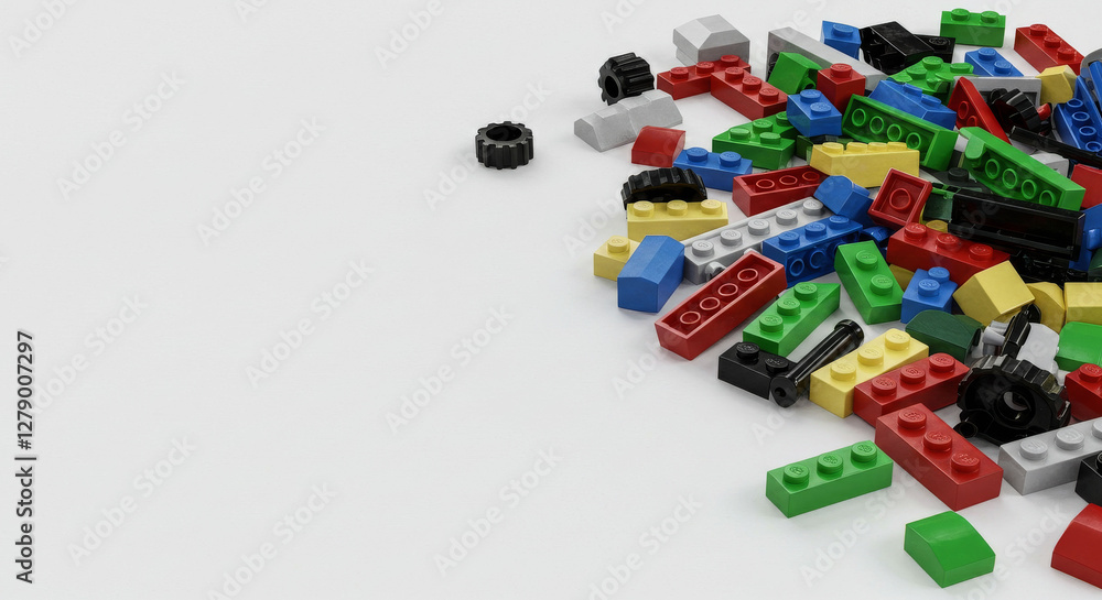 Poster a pile of colorful plastic bricks on a white background. the plastic bricks are of different colors 