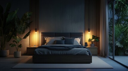 Modern bedroom with ambient lighting and lush greenery