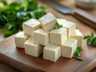 Close-up of freshly cubed tofu on a cutting board