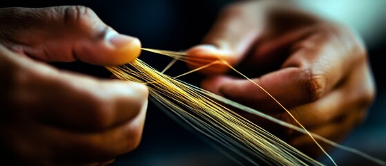 Hands deftly work with golden strands, weaving intricate patterns that speak to a rich tradition of craftsmanship.