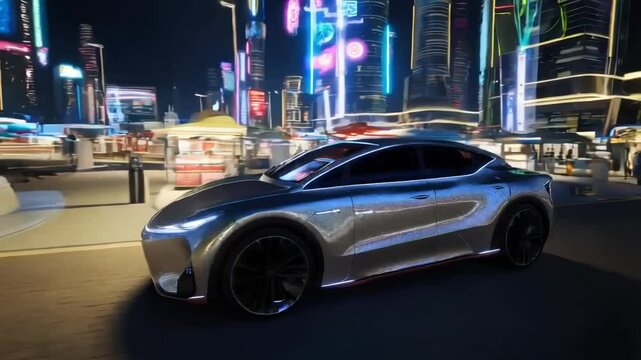 Self-driving car powered by AI navigating a futuristic city