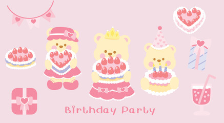 Adorable bears celebrate a pink strawberry cake birthday party.  decorations and gifts, perfect for a cheerful and sweet design. Ideal for children's cards and party invitations.