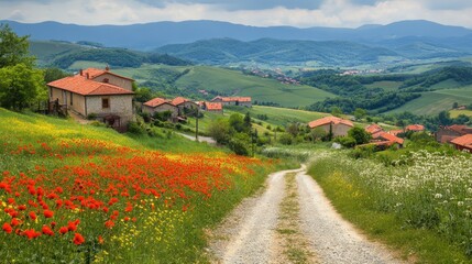 Naklejka premium A serene dirt road winds toward a quaint village, bordered by a vibrant field of colorful flowers, inviting exploration and tranquility.