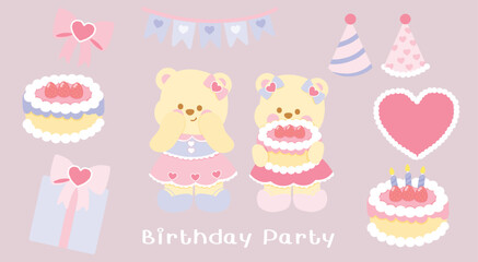 Adorable bears celebrate a pink strawberry cake birthday party. This kawaii illustration features fun , perfect for a cheerful and sweet design. Ideal for children's cards and party invitations.