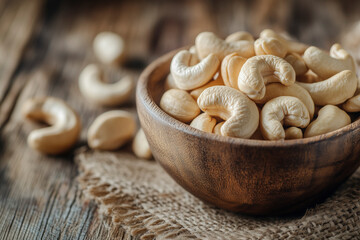Close-up of Raw Cashew Nuts in Wooden Bowl