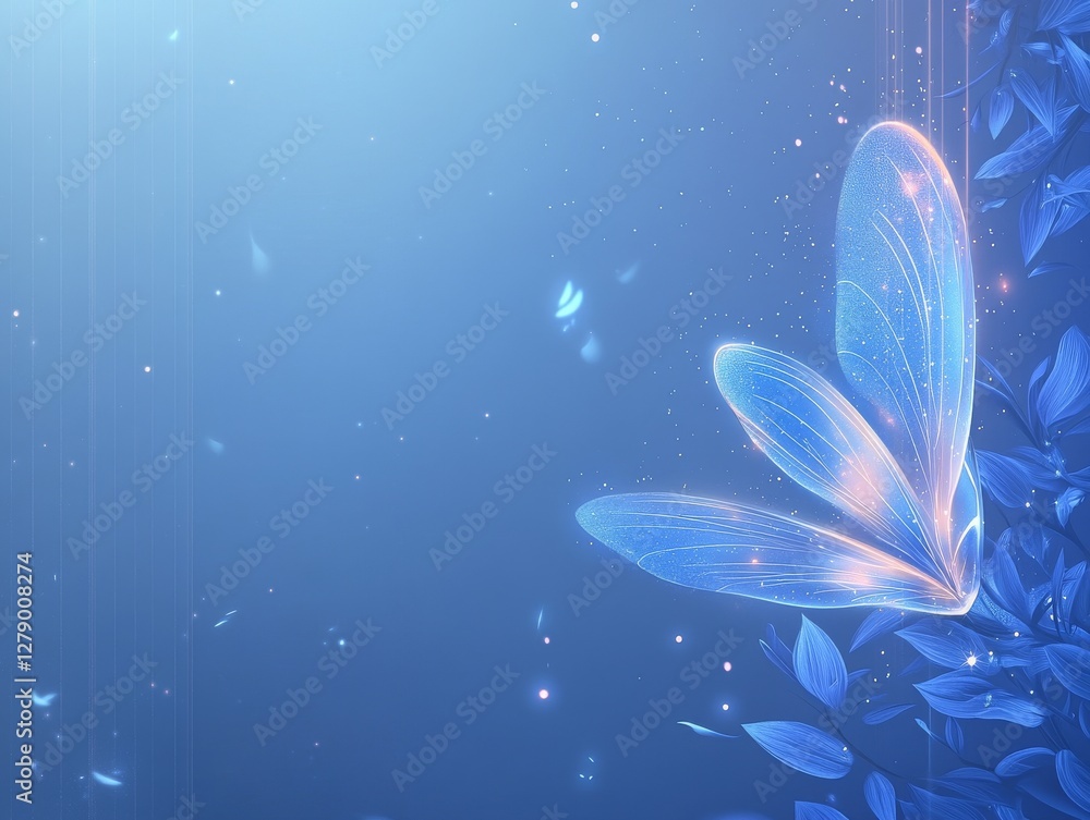 Poster a serene blue background features a translucent butterfly, surrounded by delicate leaves, creating a