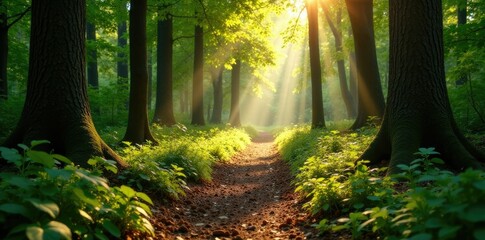 Obraz premium Forest floor bathed in warm sunlight dappled shade, forest, forest path, earthy ambiance