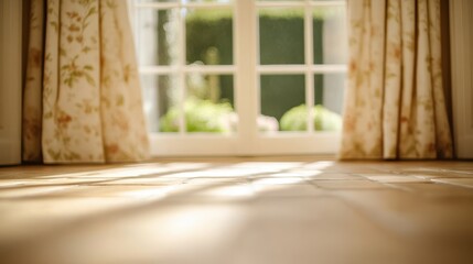 Fototapeta premium A cat rests comfortably on the floor, gazing out of a window, enjoying the view and sunlight streaming into the room.