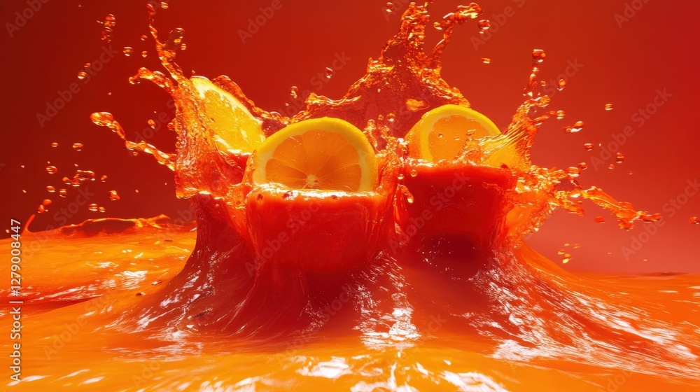 Poster vibrant splash of citrus fruits in a vivid red liquid, creating a dynamic and refreshing scene
