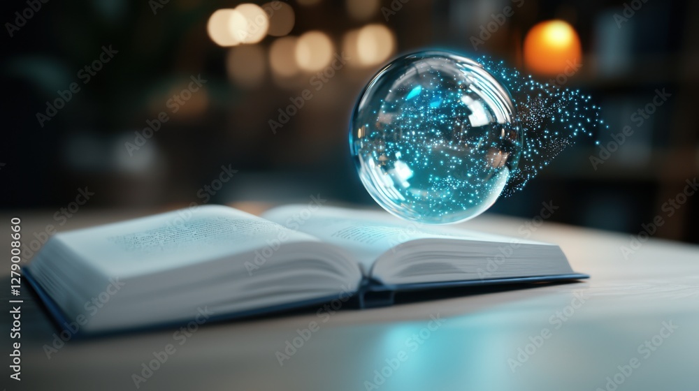 Poster books transforming into futuristic holograms symbolizing the evolution of knowledge and learning in 