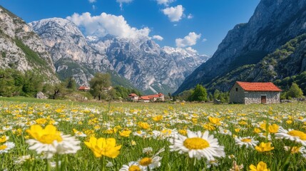 Fototapeta premium A serene landscape featuring vibrant flowers in the foreground, set against majestic mountains rising in the background.
