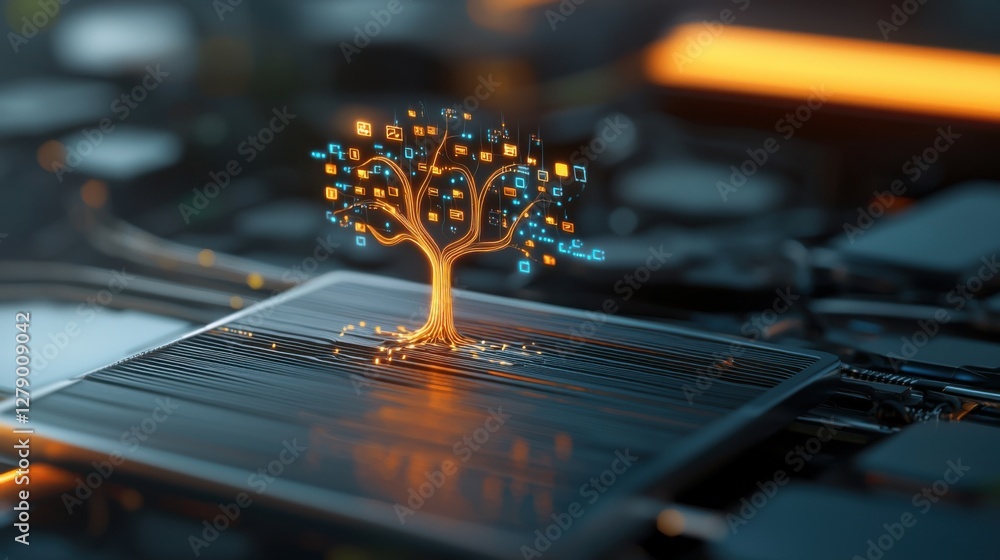 Poster bright glowing tree with digital branches of knowledge:a futuristic digital landscape symbolizing th