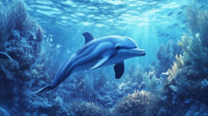 Naklejka premium Dolphin Swimming in a Vibrant Coral Reef