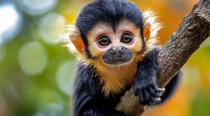 Fototapeta premium Cute baby monkey hanging from a tree branch, with cute eyes and mouth looking at the camera.