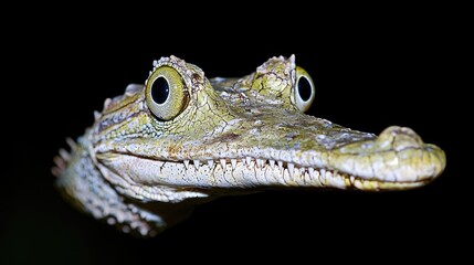 Fototapeta premium Juvenile caiman with large yellow eyes and sharp teeth stares forward against a pitch black background.