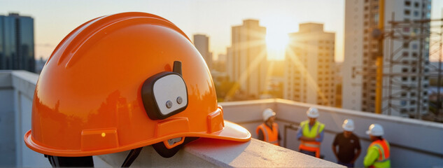 Fototapeta premium Orange hard hat on high-rise building site at sunrise, construction focus