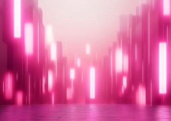 Fototapeta premium A futuristic scene featuring glowing pink vertical lights against a hazy background, creating an immersive and vibrant atmosphere.