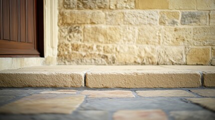 A cat rests peacefully on the steps of a building, showcasing its relaxed demeanor against an urban backdrop.