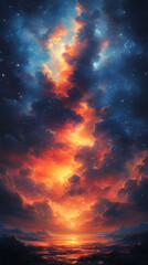 Fototapeta premium Vibrant Cosmic Sky Featuring Starry Nebulae Orange Hues With Deep Blue Galaxy Space Scape