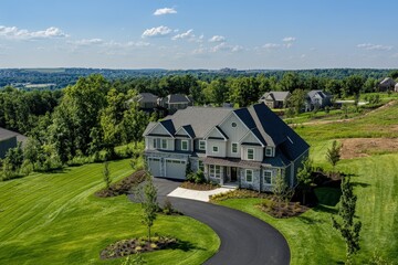 Fototapeta premium A drone shot of a new suburban home surrounded by lush greenery