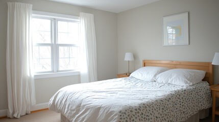 Sunny bedroom, neutral decor, peaceful scene, home interior