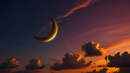 Fototapeta premium A golden crescent moon against a vibrant sunset sky
