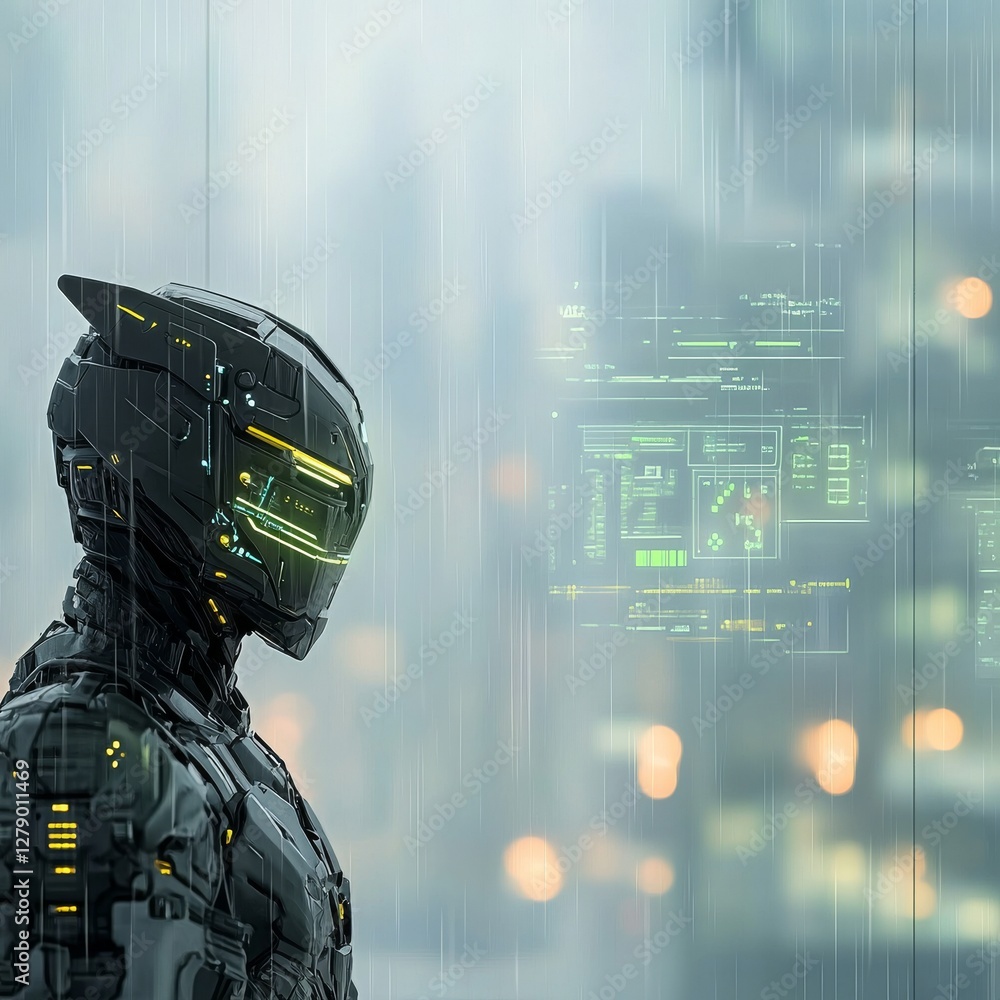 Poster a futuristic robot stands in the rain, illuminated by digital displays, embodying a blend of technol
