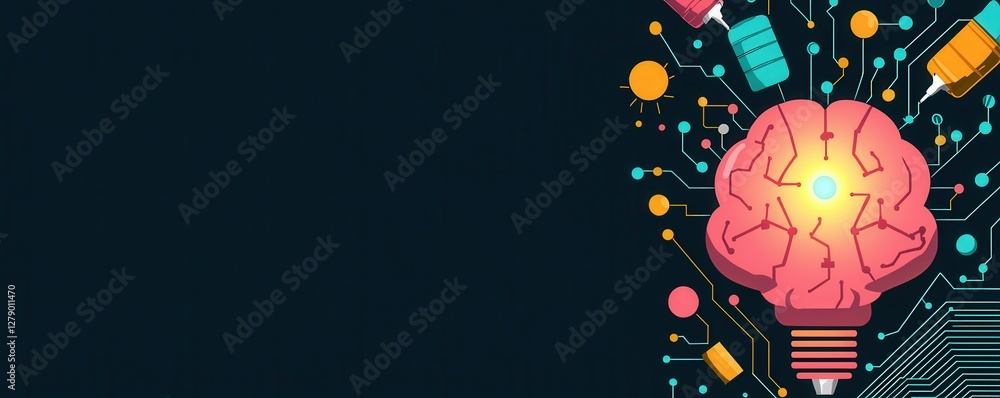 Poster a colorful illustration of a brain integrated with technology, featuring circuit patterns and variou
