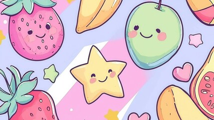 Playful Cartoon Fruits and Cute Stars on a Colorful Background