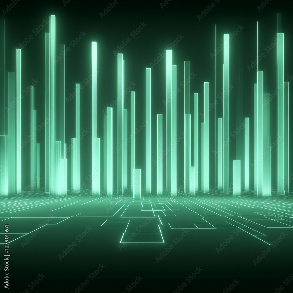 Poster a futuristic digital landscape with glowing green vertical bars, resembling a data visualization or 