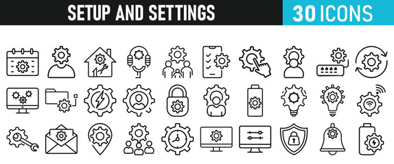 Settings and setup icon set. Setup icons for web and mobile app in liner style. Settings, setup, fix, maintenance, update, options, control, solution Vector illustration