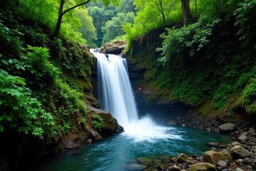 Lush foliage surrounds the upper waterfall of Juan Diego Falls in El Yungle National Forest, nature, forest, el yunque