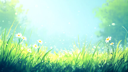 Fototapeta premium nature background with sunny spring meadow blur background blue sky to green grass