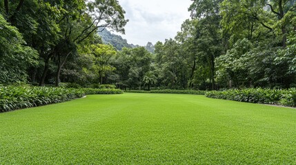 Fototapeta premium Lush green park lawn, mountain backdrop, tranquil nature scene, perfect for relaxation