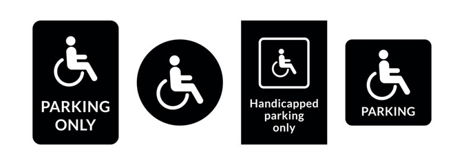Handicapped parking only signs set on white background in flat design style. Wheelchair ramp access icons, buttons. Person with disability icons. 