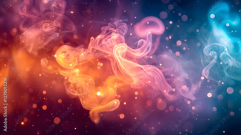 Poster colorful abstract smoke patterns swirling in a cosmic background with bokeh
