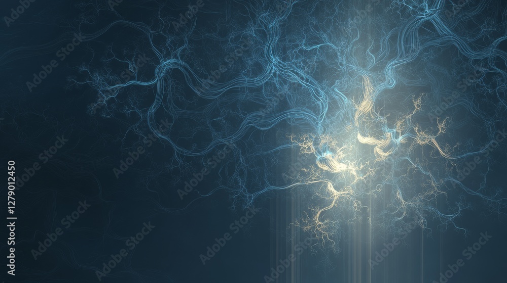 Poster a mesmerizing abstract image featuring luminous, branching lines against a dark background, evoking 