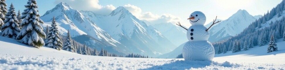 Obraz premium snowman standing alone in a vast snowy landscape with mountains and trees in the background , winter scenery, white snowy hills