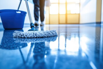 Sparkling clean floor being mopped, close-up view of mop and bucket, blurred person in background, emphasizing cleanliness and hygiene.
