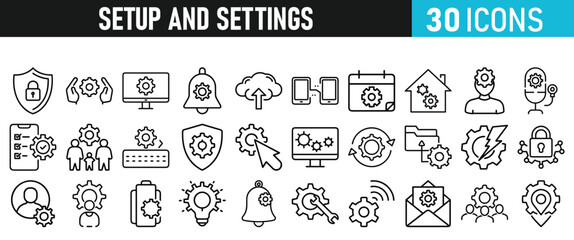 Settings and setup icon set. Setup icons for web and mobile app in liner style. Settings, setup, fix, maintenance, update, options, control, solution Vector illustration